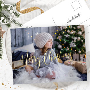Elegant and Simple Real Foil Photo Merry Christmas Holiday Postcard