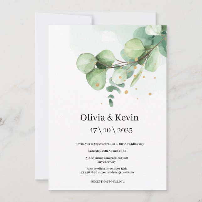 Elegant and simple rustic wedding greenery eucalyp invitation (Front)