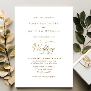 Elegant and Simple White and Gold Wedding Invitation