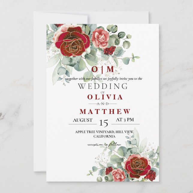Elegant and Soft Burgundy Red Greenery Wedding Invitation (Front)