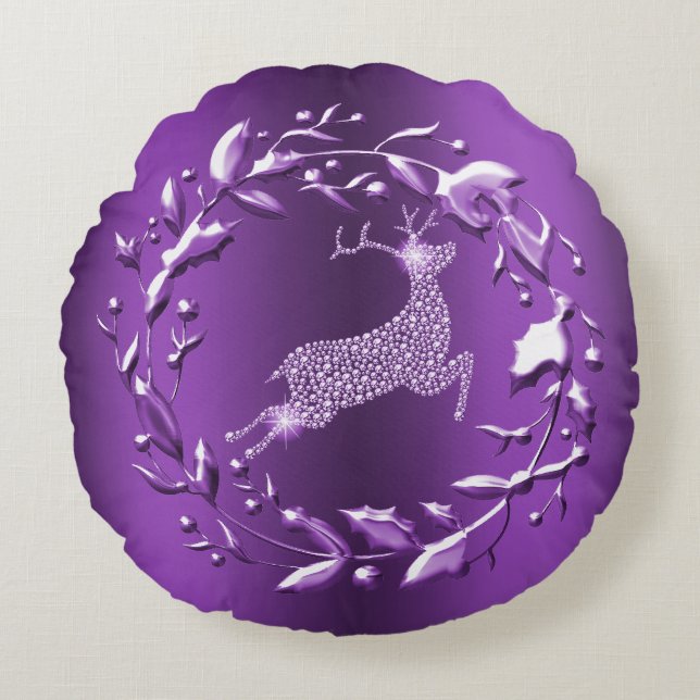 Elegant and Stylish Purple Reindeer Christmas Round Cushion (Front)
