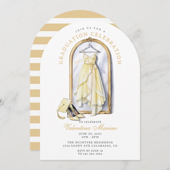 Elegant and Whimsical Yellow  Dress Graduation   Invitation (Front/Back)