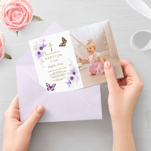 Elegant Anemone Butterfly Girl Photo Baptism Invitation