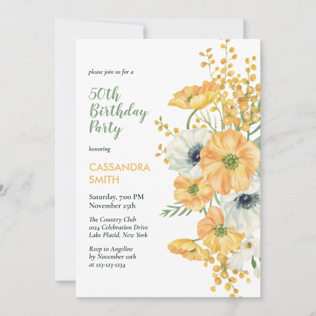 Elegant Anemone Floral Orange & White Birthday  Invitation (Front)