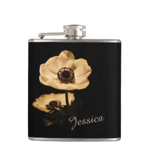 Elegant Anemone Flower Black Personalised Hip Flask