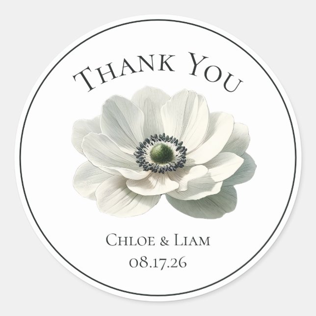 Elegant Anenome Flower Wedding Black & White Classic Round Sticker (Front)