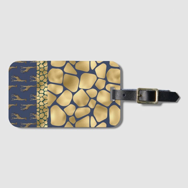 Elegant Animal Print Blue Gold Luggage Tag (Front Horizontal)
