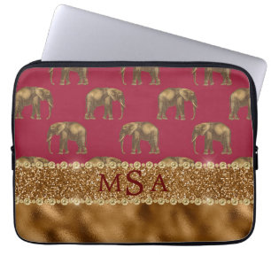 Elegant Animal Print Elephant Monogram Burgundy Laptop Sleeve