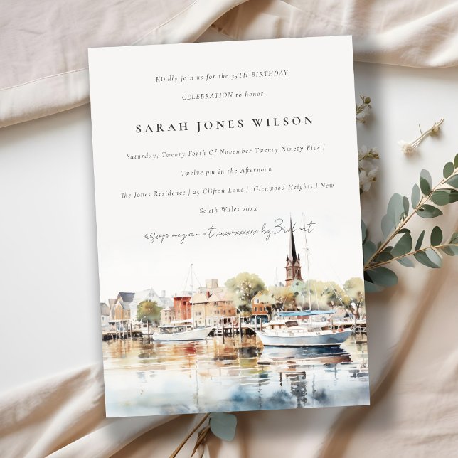 Elegant Annapolis Maryland Watercolor Birthday Invitation (Creator Uploaded)