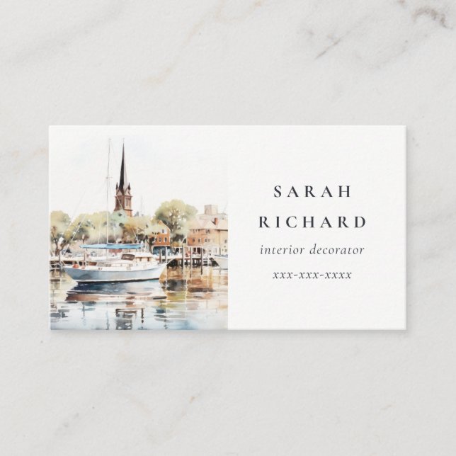 Elegant Annapolis Maryland Watercolor Travel Business Card (Front)