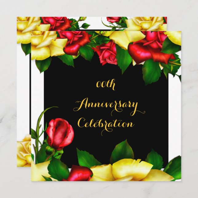 Elegant Anniversary Party Red Yellow Roses 3 Invitation (Front/Back)