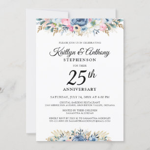 Elegant Anniversary Watercolor Floral Blue Gold Invitation