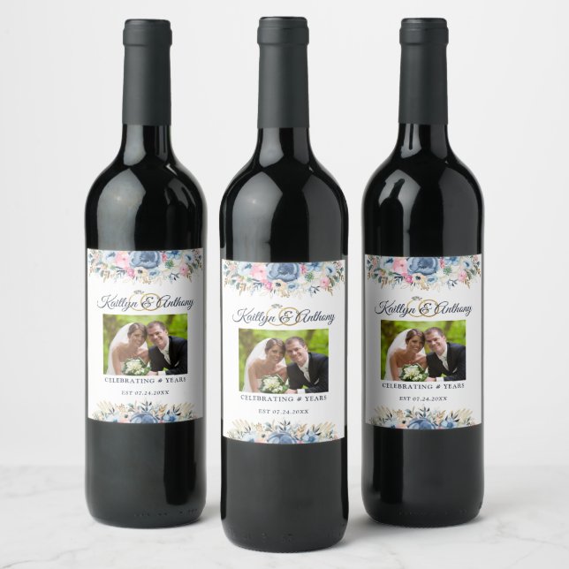 Elegant Anniversary Watercolor Floral Photo Rings Wine Label (Bottles)