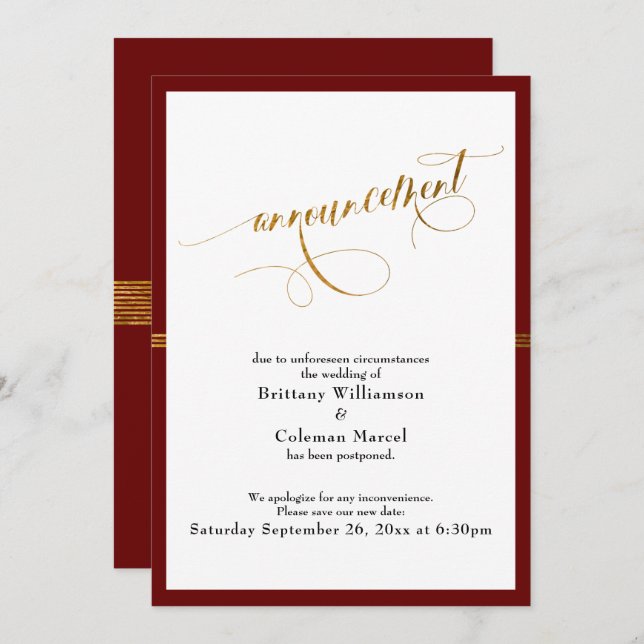 Elegant Announcement Burgundy & Gold Stripe Card (Front/Back)