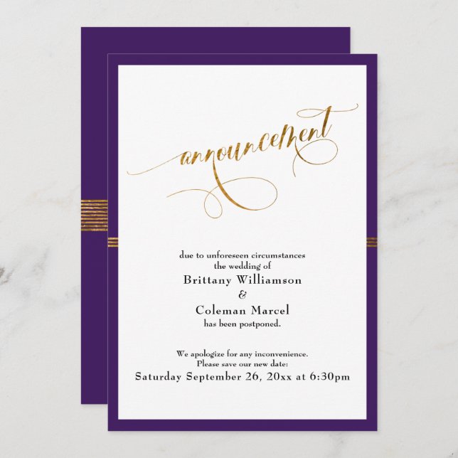 Elegant Announcement Purple & Gold Stripe Card (Front/Back)
