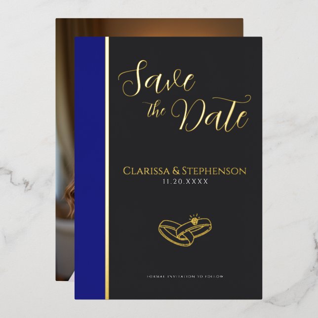 Elegant Anthracite Deep Blue  Photo Save The Date (Front/Back)
