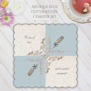 Elegant Antique Blue Floral Quill Cottagecore Paper Coaster