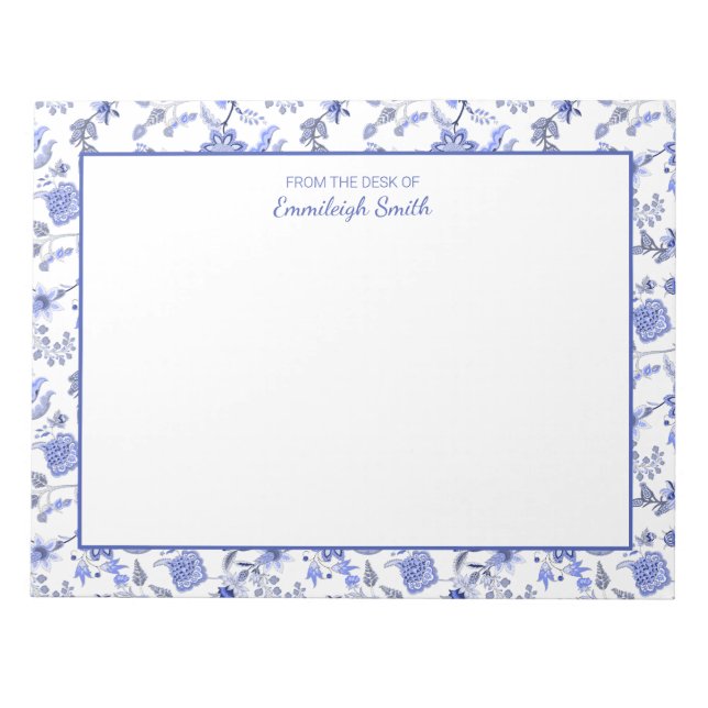 Elegant Antique Blue Floral White From Desk Of Notepad (Front)