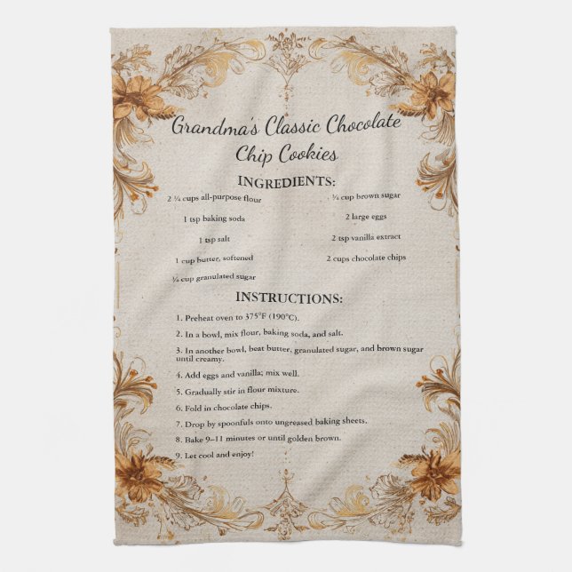 Elegant Antique Cookbook Border Design Tea Towel (Vertical)