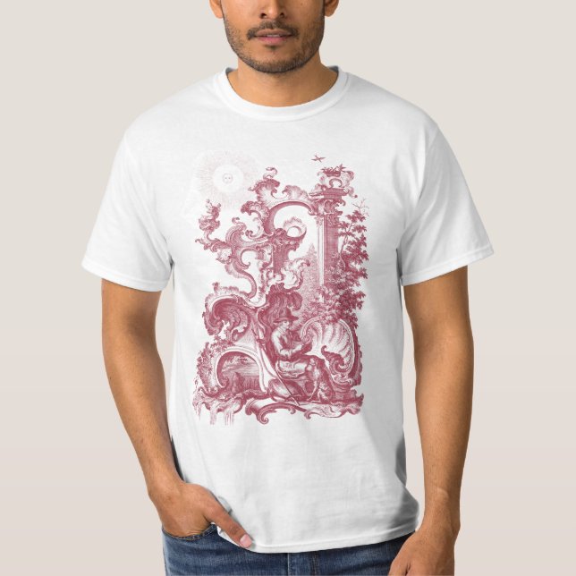 Elegant Antique Engraving Red Toile Man and Dog T-Shirt (Front)