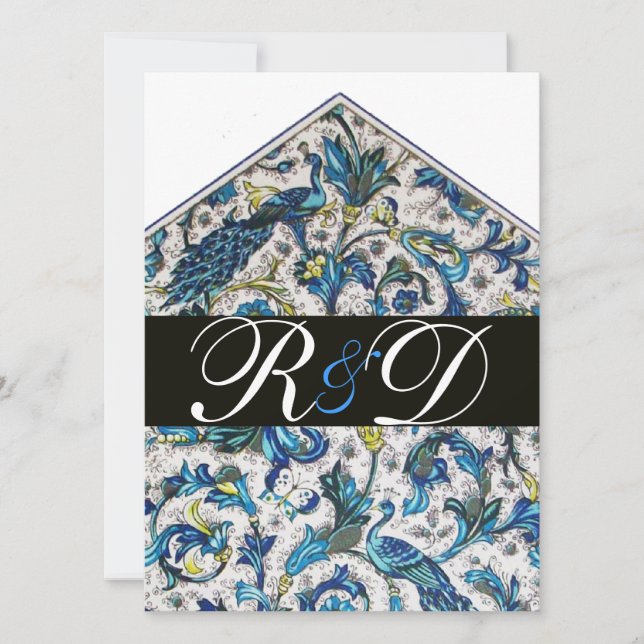 ELEGANT ANTIQUE FLORENTINE BLUE FLORAL MONOGRAM INVITATION (Front)