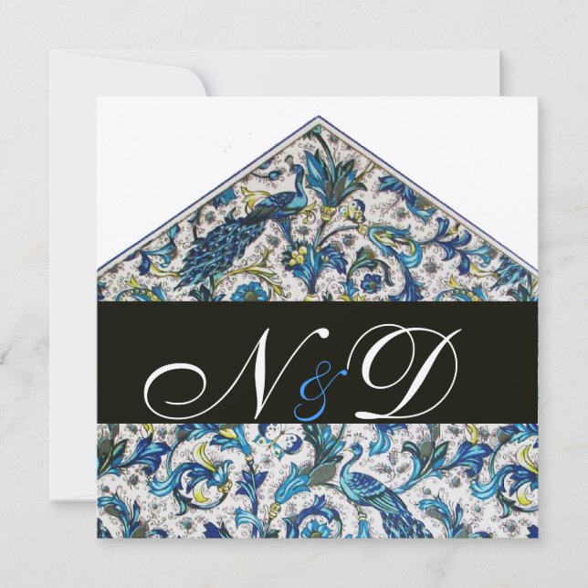 ELEGANT ANTIQUE FLORENTINE BLUE FLORAL MONOGRAM INVITATION (Front)