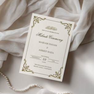 Elegant Antique Frame Cream Brown Mehndi Ceremony Invitation