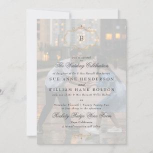 elegant antique gold monogram photo wedding invitation