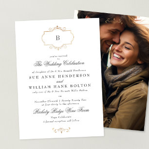elegant antique gold monogram photo wedding invitation
