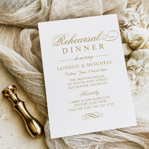 Elegant Antique Gold Script Rehearsal Dinner Invitation