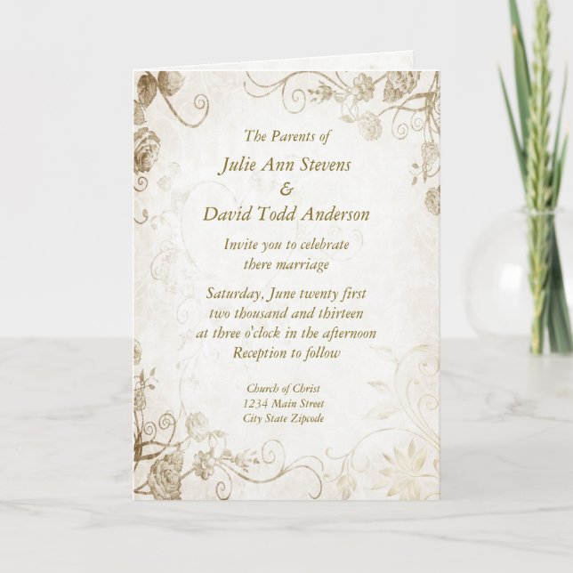 Elegant Antique Gold Vintage Wedding Invitation (Front)