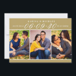 Elegant Antique Gold Wedding Photo Collage Save The Date<br><div class="desc">These modern and stylish wedding save the date announcement cards include three 2 x 3" engagement photos with the date featured in elegant script writing. Personalise the card template wording on the front and back of the card for your big day. The antique gold background and text colour can be...</div>