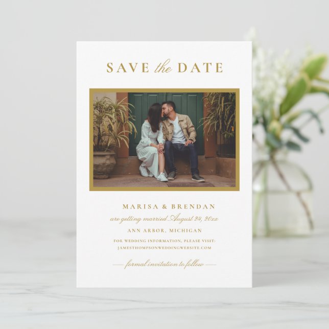 Elegant Antique Gold Wedding Photo Save The Date (Standing Front)