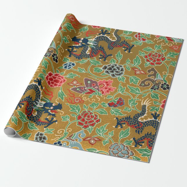 Elegant Antique Japanese Floral Pattern Wrapping Paper (Unrolled)