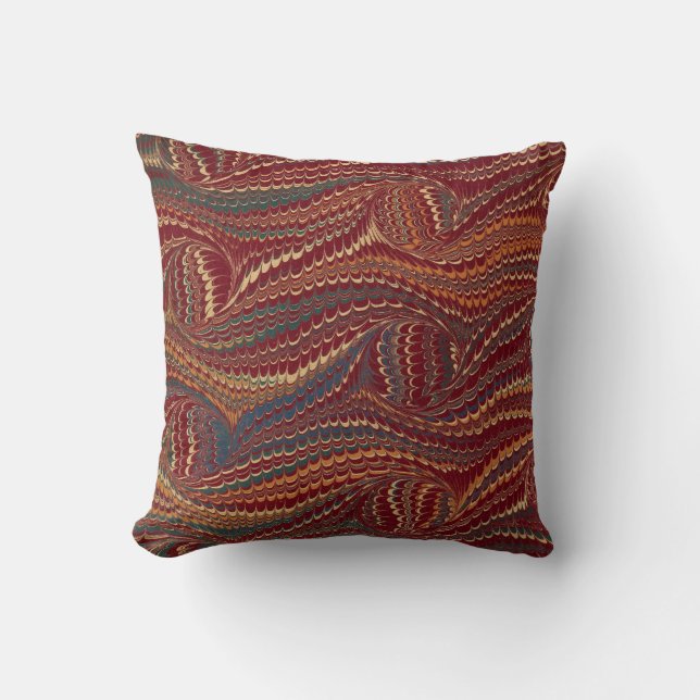 Elegant Antique Marbled Paper Burgundy and Gold Cushion (Front)