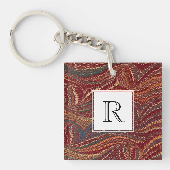 Elegant Antique Marbled Paper Burgundy and Gold Key Ring (Front)