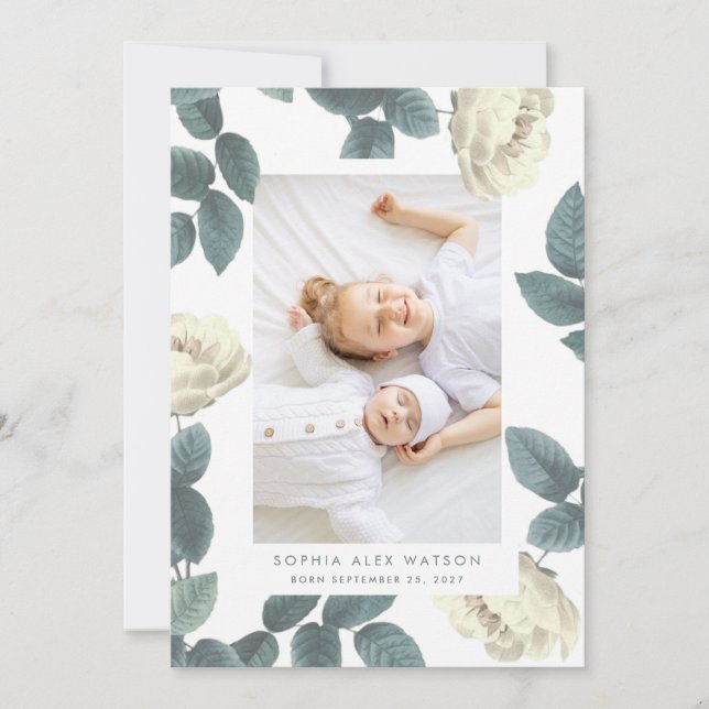 Elegant Antique Rose Photo Girl Baby Birth Announcement (Front)