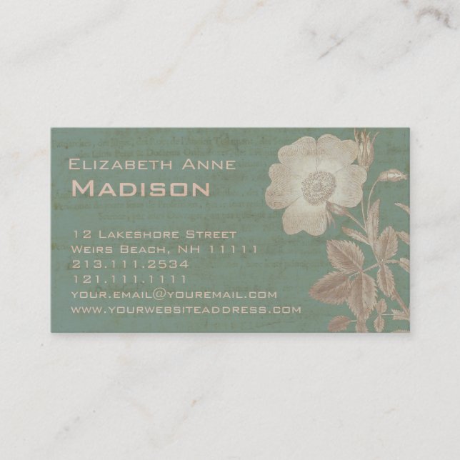 Elegant Antique Rose Vintage Verdigris Patina Business Card (Front)