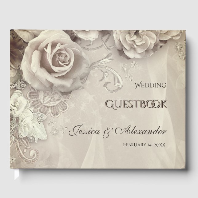 Elegant Antique Rose Wedding Guest Book (Front)