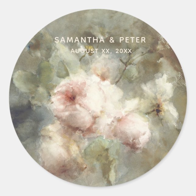 Elegant Antique Roses Wedding  Classic Round Sticker (Front)