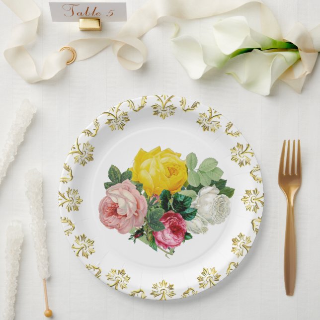 Elegant Antique Roses with Gold Floral Wedding  Paper Plate (Wedding)
