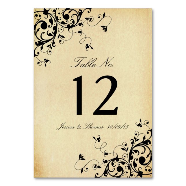 Elegant Antique Swirls Wedding Table Number (Front)