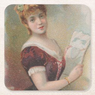 Elegant Antique Valentine's Illustration, 1890 Square Paper Coaster