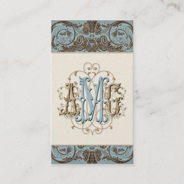 Elegant Antiqued Gold Baroque Monogrammed Cards (Front)