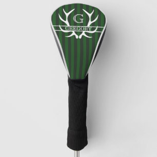 Elegant Antlers Monogram Green Stripes Golf Head Cover