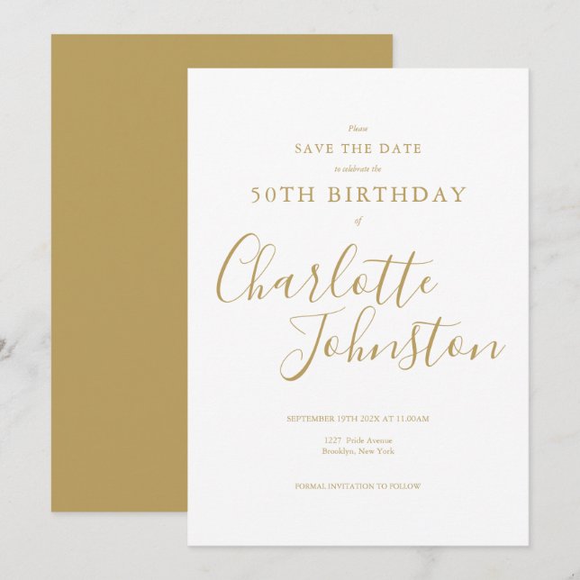 Elegant Any Age Birthday Gold Signature Save The Date (Front/Back)