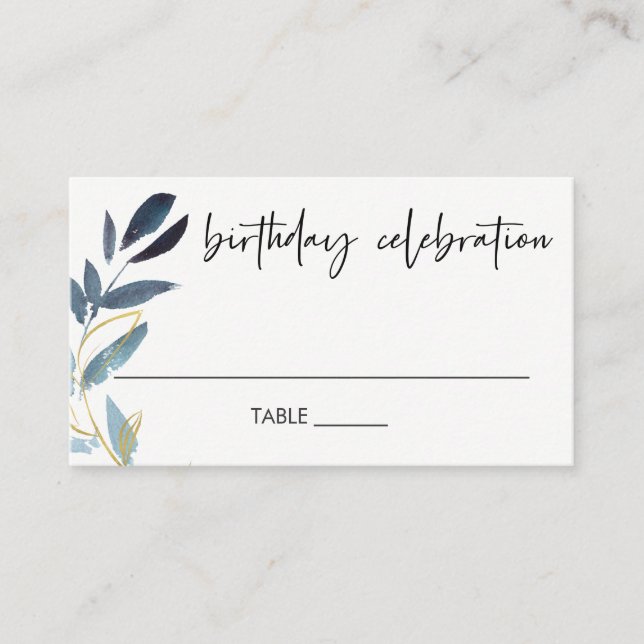 ELEGANT ANY AGE BLUE GOLD FOLIAGE WREATH BIRTHDAY PLACE CARD (Front)