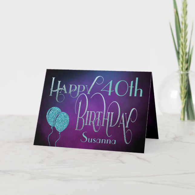 Elegant Any Age Name Purple Teal Happy Birthday Card (Front)