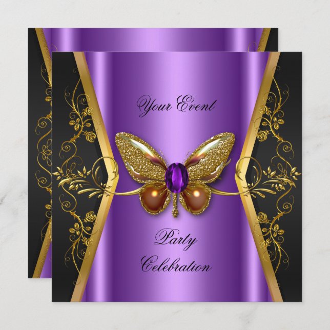 Elegant Any Event Party Purple Gold Butterfly Invitation (Front/Back)