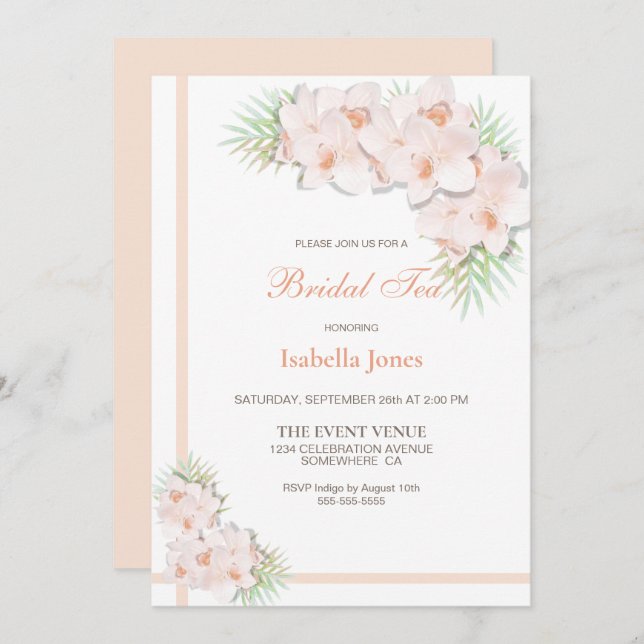 Elegant Apricot Orchid Floral Bridal Tea Invitation (Front/Back)